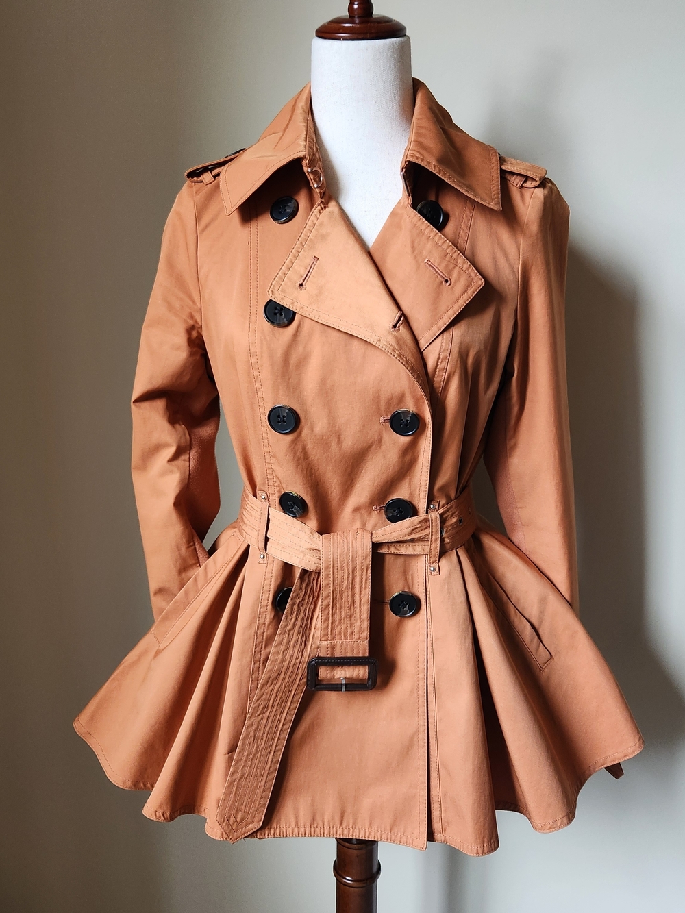 BCBGeneration Peplum Waist Double Breasted Short Trench Coat Small Desert Orange
